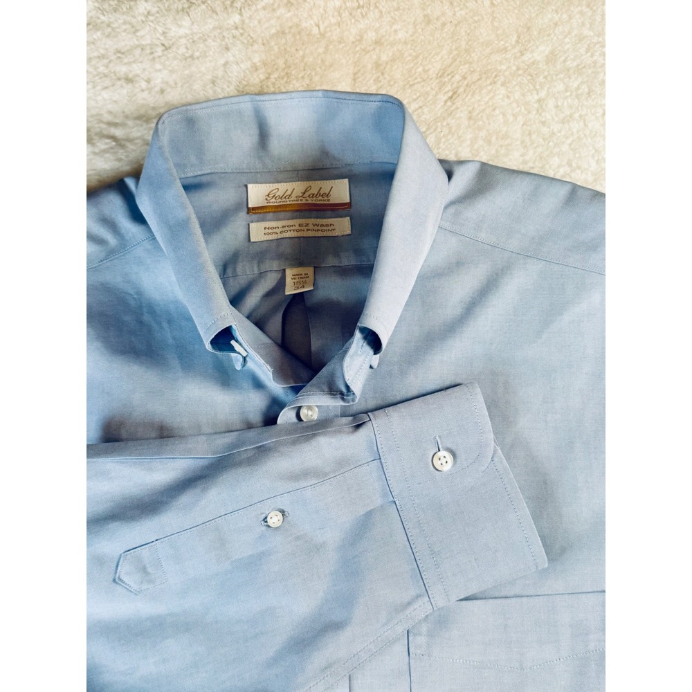 Roundtree & Yorke Gold Label Shirt Mens 15.5 34 Blue Non-Iron Pinpoint Oxford - Picture 12 of 13